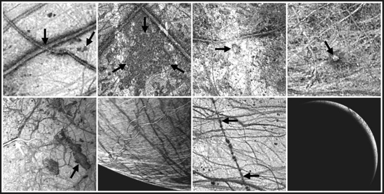 Different surface features of Europa
1. Triple bands and dark spots were the focus of some images from Galileo's eleventh orbit of Jupiter. Triple bands are multiple ridges with dark deposits along the outer margins. Some extend for thousands of kilometers across Europa's icy surface. They are cracks in the ice sheet and indicate the great stresses imposed on Europa by tides raised by Jupiter, as well as Europa's neighboring moons, Ganymede and Io. The dark spots or "lenticulae" are spots of localized disruption.

2. The Conamara Chaos region reveals icy plates which have broken up, moved, and rafted into new positions. This terrain suggests that liquid water or ductile ice was present near the surface. On Galileo's twelfth orbit of Jupiter, sections of this region with resolutions as high as 10 meters per picture element will be obtained.

3. Mannann'an Crater is a feature newly discovered by Galileo in June 1996. Color and high resolution images (to 40 meters per picture element) from Galileo's fourteenth orbit of Jupiter will offer a close look at the crater and help characterize how impacts affect the icy surface of this moon.

4. Cilix, a large mound about 1.5 kilometers high, is the center of Europa's coordinate system. Its concave top and what may be flow like features to the southwest of the mound are especially intriguing. The origin of this feature is unknown at present. Color, stereo, and high resolution images (to 65 meters per picture element) from Galileo's fifteenth orbit of Jupiter will offer new insights and resolve questions about its origin.

5. Images of Agenor Linea (white arrow) and Thrace Macula (black arrow) with resolutions as high as 30 meters per picture element will be obtained during Galileo's sixteenth orbit of Jupiter. Agenor is an unusually bright lineament on Europa. Is the brightness due to new ice, and if so, does it represent recent activity? Could the dark region of Thrace Macula be a flow from ice volcanism?

6. Images of Europa's south polar terrain obtained during Galileo's seventeenth orbit of Jupiter will offer insights into the processes which are active in this region. Is the ice crust thicker near Europa's poles than near the equator? The prominent dark line running from upper left to lower right through the center of this image is Astypalaea Linea. It is a fault about the length of the San Andreas fault in California and is the largest such fault known on Europa. Images with resolutions of 48 meters per picture element will be obtained to examine its geologic structure.

7. This long lineament, Rhadamanthys Linea. is spotted with dark "freckles". Are these freckle features formed by icy volcanism? Is this an early form of a triple band? Stereo and high resolution (to 46 meters per picture element) obtained during Galileo's eighteenth orbit of Jupiter may indicate whether the lineament is the result of volcanic processes or is formed by other surface processes.

8. During Galileo's nineteenth orbit of Jupiter, images of Europa will be taken with very low sun illuminations, similar to taking a picture at sunset or sunrise. The object will be to search for backlit plumes issuing from icy volcanic vents. Such plumes would be direct evidence of a liquid ocean beneath the ice. Resolutions will be as high as 40 meters per picture element. This picture was simulated image from Galileo data obtained during the spacecraft's second orbit of Jupiter in September 1996.

North is to the top of the pictures. During orbit 13, the Galileo spacecraft was behind the sun from our vantage point on Earth so it did not obtain or transmit data from that orbit. The left two images in the bottom row were obtained by NASA's Voyager 2 spacecraft in 1979; the remaining images were obtained by the Solid State Imaging (SSI) system on NASA's Galileo spacecraft in 1996.

Parole chiave: Jupiter Moons - Europa