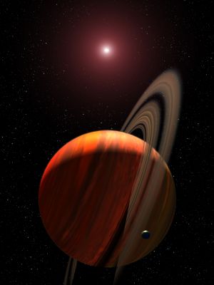 Exoplanet OGLE-2003-BLG-235L/MOA-2003-BLG-53L
NASA's Hubble Space Telescope has for the first time identified the parent star of a distant planet (system name OGLE-2003-BLG-235L/MOA-2003-BLG-53L) discovered in 2003 through ground-based gravitational microlensing. Gravitational microlensing occurs when a foreground star amplifies the light of a background star that momentarily aligns with it. Follow-up observations by HST in 2005 separated the light of the slightly offset foreground star from the background star. This allowed the host star to be identified as a red dwarf star located 19.000 LY away. The HST observations allow for the planet's mass and the orbit from its parent red star to be determined. 
In this artist's concept, the rings and moon around the gas giant are hypothetical, but plausible, given the nature of the family of gas giant planets in our Solar System.
Parole chiave: Artistic Interpretations of the Universe