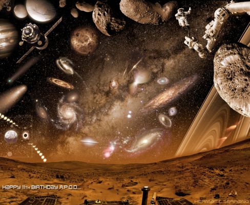 The Universe is "on sight"!
Da "NASA - Picture of the Day" del 16 Giugno 2006:"The first APOD appeared 11 years ago today, on 1995, June 16. Although garnering only 14 page views on that day, we are proud to estimate that APOD has now served over 400 million space-related images over the last 11 years. That early beginning, along with a nearly unchanging format, has allowed APOD to be a consistent and familiar site on a web frequently filled with change. Many people don't know, though, that APOD is now translated daily into many major languages. We again thank our readers and NASA for their continued support, but ask that any potentially congratulatory e-mail go to the folks who created the great pictures - many times with considerable effort - that APOD has been fortunate enough to feature over the past year. Many can be contacted by following links found in the credit line under the image. Some of these images are featured in the above spectacular collage of a fantasy sky above Mars submitted by an enthusiastic APOD reader skilled in digital image manipulation. How many APOD images can you identify?".
Parole chiave: Artistic Visions of the Universe