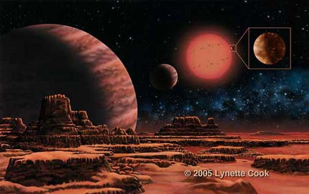 Gliese 876 and an alien Planetary System
"...La capacità di ospitare Forme di Vita e di Intelligenza Consapevole non è ovviamente una caratteristica nè una prerogativa unica del nostro mondo, della nostra splendida Terra. 
L'unica prerogativa del nostro Pianeta è quella di ospitare delle Forme di Vita che, nella loro immensa arroganza (davvero 'unica', senza dubbi...), si ritengono, in qualche modo, un'eccezione dell'Universo..."

P.C. Floegers - "In the Paradox"

Caption NASA originale:"Is our Earth unique? In continuing efforts to answer this question, astronomers have now discovered an Earth-like planet orbiting a distant normal star. Previously over 150 gas-giant planets like Jupiter had been so discovered. Slight, fast, but regular wobbles of nearby small M-dwarf star Gliese 876 showed evidence for a planet with a likely mass slightly higher than a minimum six times the mass of Earth. The planet's small mass indicates that it is likely terrestrial in nature, similar in composition to the inner planets of our Solar System. If indeed made predominantly of rock, the planet's surface gravity would not even be able to contain the gasses of a Jupiter-like planet. The newly discovered planet would not make a good vacation spot for humans, however, as it orbits so close that the surface temperature probably tops a searing 200 degrees Celsius. The system is illustrated in the above drawing as seen from a hypothetical moon orbiting one of the two Jupiter-like planets already known. The newly discovered terrestrial-like planet is depicted in the insert. Gliese 876 lies only 15 light-years away and is visible with binoculars toward the constellation of Aquarius".
Parole chiave: Artistic Views of the Universe