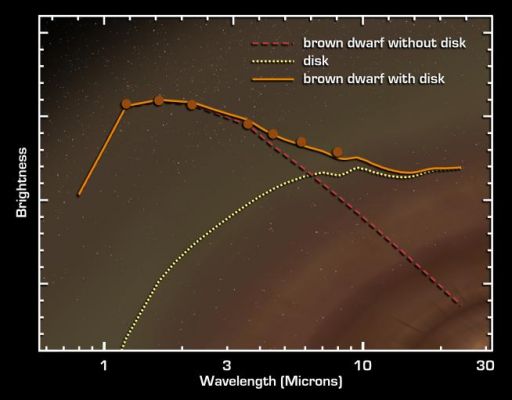 OTS 44: another "failed" star
This graph of data from NASA's SST shows that an extraordinarily low-mass brown dwarf, or "failed star," is circled by a disc of planet-building dust. The brown dwarf, called OTS 44, is only 15 times the mass of Jupiter, making it the smallest known brown dwarf to host a planet-forming disc. 
SST was able to see this unusual disc by measuring its infrared brightness. Whereas a brown dwarf without a disc (red dashed line) radiates infrared light at shorter wavelengths, a brown dwarf with a disc (orange line) gives off excess infrared light at longer wavelengths. This surplus light comes from the disc itself and is represented here as a yellow dotted line. Actual data points from observations of OTS 44 are indicated with orange dots. These data were all acquired by using SST's infrared array camera.
Parole chiave: Graphs and Spectra