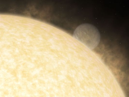 Planet HD 209458b
Da "NASA - Picture of the Day" del 5 Aprile 2005:"Light emitted by a planet far beyond our Solar System has been identified for the first time. The planet, illustrated in the above drawing, had its light detected by comparing the brightness of only the parent star, when the planet was behind the star, to the light emitted when both the planet and its parent star were visible. The Earth-orbiting Spitzer Space Telescope made the observation in infrared light, where the intrinsic glow of the planet outshines the light it reflects from its central star. The direct observation of light allowed a measurement of both the temperature and size of the planet: HD 209458b. Planet HD 209458b was confirmed to be larger than expected for its mass and on an orbit around its parent star that was unexpectedly close to a circle".
Parole chiave: Artistic Views of the Universe