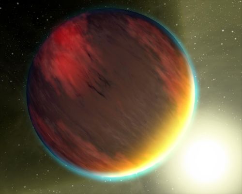 Just like Jupiter...
This artist's concept shows a cloudy Jupiter-like planet that orbits very close to its fiery hot star. NASA's Spitzer Space Telescope was recently used to capture spectra, or molecular fingerprints, of two "hot Jupiter" worlds like the one depicted here. This is the first time a spectrum has ever been obtained for an exoplanet, or a planet beyond our solar system. 

The ground-breaking observations were made with Spitzer's spectrograph, which pries apart infrared light into its basic wavelengths, revealing the "fingerprints" of molecules imprinted inside. Spitzer studied two planets, HD 209458b and HD 189733b, both of which were found, surprisingly, to have no water in the tops of their atmospheres. The results suggest that the hot planets are socked in with dry, high clouds, which are obscuring water that lies underneath. In addition, HD209458b showed hints of silicates, suggesting that the high clouds on that planet contain very fine sand-like particles. 

Capturing the spectra from the two hot-Jupiter planets was no easy feat. The planets cannot be distinguished from their stars and instead appear to telescopes as single blurs of light. One way to get around this is through what is known as the secondary eclipse technique. In this method, changes in the total light from a so-called transiting planet system are measured as a planet is eclipsed by its star, vanishing from our Earthly point of view. The dip in observed light can then be attributed to the planet alone. 

This technique, first used by Spitzer in 2005 to directly detect the light from an exoplanet, currently only works at infrared wavelengths, where the differences in brightness between the planet and star are less, and the planet's light is easier to pick out. For example, if the experiment had been done in visible light, the total light from the system would appear to be unchanged, even as the planet disappeared from view. 

To capture spectra of the planets, Spitzer observed their secondary eclipses with its spectrograph. It took a spectrum of a star together with its planet, then, as the planet disappeared from view, a spectrum of just the star. By subtracting the spectrum of the star from the spectrum of the star and planet together, astronomers were able to determine the spectrum of the planet itself. 

Neither of the parent stars for HD 209458b or HD 189733b can be seen with the naked eye. HD 209458b is located about 153 light-years away in the constellation Pegasus, while HD 189733b is about 62 light-years away in the constellation Vulpecula. Both planets zip around their stars in very tight orbits; HD 209458b circles once every 3.5 days, while HD 189733b orbits once every 2.2 days. 

Of the approximately 200 known exoplanets, there are 12 besides HD 209458b and HD 189733b whose orbits are inclined in such a way that, from our point of view, they pass in front of their stars. At least three of these transiting exoplanets are bright enough to follow in the footsteps of HD 209458b and HD 189733 and reveal their infrared spectra to Spitzer. Astronomers hope to use Spitzer's spectrograph in the future to study HD 209458b and HD 189733b again in much greater detail, and to examine some of the other candidates for the first time. 

Parole chiave: Artistic Interpretations of the Universe
