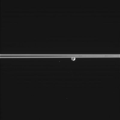 Helene and Enceladus
Original caption:"N00042585.jpg was taken on November 02, 2005 and received on Earth November 04, 2005. The camera was pointing toward HELENE at approximately 2.186.673 Km away, and the image was taken using the CL1 and CL2 filters. 
This image has not been validated or calibrated".
Parole chiave: Saturn's Moons - Helene and Enceladus