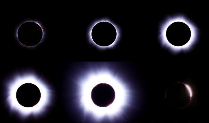 Moments of the last Total Eclipse
Caption NASA originale:"Only in the fleeting darkness of a total solar eclipse is the light of the Solar Corona easily visible from Earth. Normally overwhelmed by the bright solar disk, the expansive corona, the Sun's outer atmosphere, is an alluring sight. But the subtle details and extreme ranges in the corona's brightness discernible to the eye are notoriously difficult to photograph. In this series of images recorded from Siofok, Hungary during the total phase of the August 11, 1999 eclipse, progressively longer exposures (top left to bottom center) have been used to more faithfully capture different regions of the elusive solar corona. The final image (at bottom right) shows light from the solar disk emerging from behind the moon's edge at the end of totality".
Parole chiave: Sun Eclipse