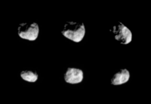 Thumbling Hyperion
Caption NASA originale:"As it loops around Saturn, Cassini periodically gets a good view of Saturn's moon Hyperion. Hyperion chaotically tumbles around in its orbit and is perhaps the largest irregularly-shaped moon in the Solar System. New details about this oddball worldlet will certainly come to light in September, 2005, when Cassini is slated to approach Hyperion at a distance of 990 Km. The images were taken in visible light with the Cassini spacecraft narrow-angle camera in October 2004 and February 2005, at distances ranging from 1,3 to 1,6 MKM (such as from approx. 808.000 to 994.000 MMs) from Hyperion and at phase angles ranging from 42 to 66°. Resolution in the original images was 8 to 10 Km (approx. 5 to 6 miles) per pixel. 
The images have been contrast-enhanced and magnified by a factor of two to aid visibility".
Parole chiave: Saturn's Moons - Hyperion