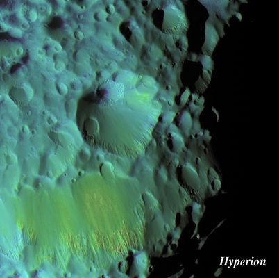 "Meri Crater"
Saturn's moon Hyperion's crater, Meri, blooms in this extreme color-enhanced view. Meri is overprinted by a couple of smaller craters and displays dark material on its floor that is characteristic of many impact sites on this moon. The walls of craters seen here are noticeably smoother on their sloping sides than around their craggy rims. 

To create this false-color view, ultraviolet, green and infrared images were combined into a single black and white picture that isolates and maps regional color differences. This "color map" was then superimposed over a clear-filter image.  The combination of color map and brightness image shows how the colors vary across the moon's surface in relation to geologic features. 
The origin of the color differences is not yet understood, but may be caused by subtle differences in the surface composition or the sizes of grains making up the icy soil. The images used to create this false-color view were acquired on 09-26-2005, at a mean distance of 17.900 Km from Hyperion. Image scale is about 110 meters (360 feet) per pixel.
Parole chiave: Saturn's Moons - Hyperion