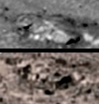 The "Hills of Disgrace" : "Longhorn Outcrop"
Controlliamo ora la posizione del Rover al momento del massimo avvicinamento al "Longhorn Outcrop": come si può constatare Spirit avrebbe (ancora una volta, dopo la performance di Bonneville Crater!) girellato su se stesso per ben 60 Soles (da Sol 202 a Sol 262) senza neppure tentare di girare attorno a Longhorn. Ora, dopo aver visto che West Spur, in "pianta", NON corrisponde a West Spur in "prospetto", possiamo chiederci se almeno Longhorn corrisponde a se stesso... Ebbene, pur nella modesta risoluzione degli ingrandimenti delle 2 ultime immagini, la formazione appare leggermente diversa fra l'uno e l'altro e questo è un dato MOLTO strano, visto che ambedue i frames sono del Sol 147! 
Questo fatto diventa molto meno strano - ovviamente - se accettiamo l'idea (ora inevitabile) che ambedue le immagini sono "falsificazioni virtuali" di un "prospetto" che non ci è MAI stato presentato nelle sue reali evidenze e proporzioni. 
Parole chiave: Mars rocks, sand and debris (detail mgnf)