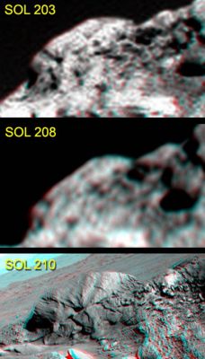 The "Hills of Disgrace" : "Longhorn Outcrop" (detail mgnf)
Il metodo impiegato per ottenere questi "effetti speciali", a nostro avviso, è quello definito "FALSIFICAZIONE PROGRESSIVA": in altre parole, più la camera del Rover si avvicina ad un obbiettivo e più le foto vengono sfocate e private dei dettagli, fino a che - magicamente!!! - tutto si schiarisce e vengono quindi diffuse delle immagini dettagliatissime di corpi ed oggetti i quali (purtroppo!) non sono mai realmente esistiti.
Ne volete una prova? Esaminiamo il procedimento nella seguente immagine 3D, in cui possiamo vedere la roccia rotondeggiante che campeggia al centro del Longhorn Outcrop. 
Osservate come la “stoneshell” (come chiamo queste particolari formazioni rocciose) del Sol 203 si sia trasformata - in una sola settimana Marziana! - in un anonimo "pietrone".
E nulla del contorno originale si è salvato da questa fine ingloriosa! Guardate ad esempio il "vortice traslucido" sulla Sn della foto in alto il quale - sempre per "magia"... - si è tramutato in una specie di “pernetto” lapideo...
Parole chiave: Mars rocks, sand and debris - Controversial image