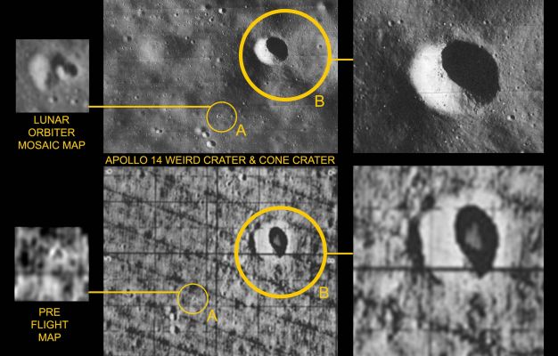 Blue Flares and the Invisible Crater: what's inside Cone Crater?
Mettiamo a confronto due altre planimetrie rilasciate a vario titolo dagli organismi ufficiali e riguardanti l’area interessata dall’attività di Moon-Walk, un mosaico fotografico ed una mappa orto-fotografica in scala 1:25000 usata come “pre-flight” del sito di allunaggio, ambedue derivanti da materiale del Lunar Orbiter. L’aspetto esilarante è che le due piante, pur avendo la stessa origine, manifestano una “psicologia” individuale molto diversa tanto che, in omaggio alla serie X-files, le abbiamo ribattezzate "Scully" e "Mulder". Nella Pianta Scully (in alto) il Weird Crater (A) è una fossetta con “pernetto” ed il più grande Cone Crater (B) è la solita (anonima) depressione lunare. Ma proprio di depressione (la nostra) bisognerebbe parlare, visto che nella Pianta Mulder la fossetta A si trasforma in una delle solite megaformazioni discoidali raggiate senza alcuna traccia di crateri, mentre il Cone Crater manifesta una ragguardevole propensione per la Science Fiction, esibendo ad Ovest un bordo rilevato per diversi metri (mai visto nelle foto ufficiali di superficie), a Sud un paio di maxistrutture lineari sovrapposte (quelle che io chiamo “Iniettori”), lungo il bordo il consueto intrico della rete sinaptica e al centro un’artistica “testolina” di natura imprecisata.
Parole chiave: A Moon Investigation