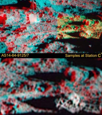 Blue Flares and the Invisible Crater: samples in 3D
Quello che invece gli Astronauti hanno fotografato (oltre ai propri piedi) sono alcuni campioni di “roccia” (i "samples", appunto) i quali vengono descritti come breccia+cristalli e di cui ho preparato una tavola tridimensionale per la gioia dei possessori di occhialini colorati. Se quella specie di teschio di Darth Vader che si vede in basso a Dx è effettivamente una roccia, allora deduciamo che deve essere una roccia di natura davvero MOLTO particolare...
Parole chiave: A Moon Investigation
