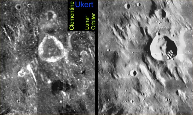 Ukert: the "pseudo-triangular" Lunar Crater
"...ma delle immense lastre perforate trasparenti e modellate ad angoli retti nulla si vede nelle foto orbitali (notare, peraltro, i puntini a "foglia di fico" sull'immagine Lunar Orbiter e le notevoli differenze rispetto a quanto appare nella foto Clementine)..."

Parole chiave: Investigations