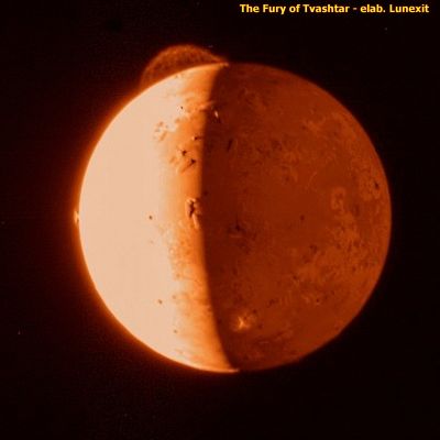 The greatest Volcanic Plume in the Solar System!
This dramatic image of Io was taken by the Long Range Reconnaissance Imager (LORRI) on New Horizons at 11:04 Universal Time on February 28, 2007, just about 5 hours after the spacecraft's closest approach to Jupiter. The distance to Io was 2.5 million kilometers (1.5 million miles) and the image is centered at 85 degrees west longitude. At this distance, one LORRI pixel subtends 12 kilometers (7.4 miles) on Io. 

This processed image provides the best view yet of the enormous 290-kilometer (180-mile) high plume from the volcano Tvashtar, in the 11 o'clock direction near Io's north pole. The plume was first seen by the Hubble Space Telescope two weeks ago and then by New Horizons on February 26; this image is clearer than the February 26 image because Io was closer to the spacecraft, the plume was more backlit by the Sun, and a longer exposure time (75 milliseconds versus 20 milliseconds) was used. Io's dayside was deliberately overexposed in this picture to image the faint plumes, and the long exposure also provided an excellent view of Io's night side, illuminated by Jupiter. The remarkable filamentary structure in the Tvashtar plume is similar to details glimpsed faintly in 1979 Voyager images of a similar plume produced by Io's volcano Pele. However, no previous image by any spacecraft has shown these mysterious structures so clearly. 

The image also shows the much smaller symmetrical fountain of the plume, about 60 kilometers (or 40 miles) high, from the Prometheus volcano in the 9 o'clock direction. The top of a third volcanic plume, from the volcano Masubi, erupts high enough to catch the setting Sun on the night side near the bottom of the image, appearing as an irregular bright patch against Io's Jupiter-lit surface. Several Everest-sized mountains are highlighted by the setting Sun along the terminator, the line between day and night. 

This is the last of a handful of LORRI images that New Horizons is sending "home" during its busy close encounter with Jupiter - hundreds of images and other data are being taken and stored onboard. The rest of the images will be returned to Earth over the coming weeks and months as the spacecraft speeds along to Pluto. 

Parole chiave: Jupiter's Moons - Io
