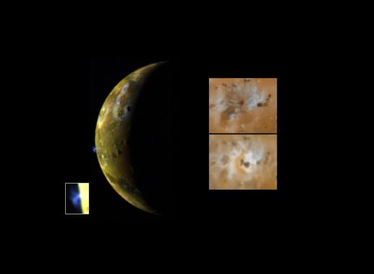 Continuous eruptions on Io
This image, taken by NASA's Galileo spacecraft, shows a new blue-colored volcanic plume extending about 100 kilometers (about 60 miles) into space from Jupiter's moon Io (see inset at lower left). The blue color of the plume is consistent with the presence of sulfur dioxide gas and 'snow' condensing from the gas as the plume expands and cools. Galileo images have also shown that the Ra Patera plume glows in the dark, perhaps due to the fluorescence of sulfur and oxygen ions created by the breaking apart of sulfur dioxide molecules by energetic particles in the Jovian magnetosphere. The images at right show a comparison of changes seen near the volcano Ra Patera since the Voyager spacecraft flybys of 1979 (windows at right show Voyager image at top and Galileo image at bottom). This eruptive plume is an example of a new type of volcanic activity discovered during Voyager's flyby in 1979, believed to be geyser-like eruptions driven by sulfur dioxide or sulfur gas erupting and freezing in Io's extremely tenuous atmosphere. Volcanic eruptions on Earth cannot throw materials to such high altitudes. Ra Patera is the site of dramatic surface changes. An area around the volcano of about 40,000 square kilometers, area about the size of New Jersey, has been covered by new volcanic deposits. The image was taken in late June 28, 1996 from a distance of 972,000 kilometers (604,000 miles).
Parole chiave: Jupiter's moons - Io