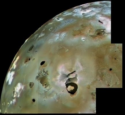 Loki patera: an everlasting eruption...
A huge area of Io's volcanic plains is shown in this Voyager 1 image mosaic. Numerous volcanic calderas and lava flows are visible here. Loki Patera, an active lava lake, is the large shield-shaped black feature. Heat emitted from Loki can be seen through telescopes all the way from Earth. These telescopic observations tell us that Loki has been active continuously (or at least every time astronomers have looked) since the Voyager 1 flyby in March 1979. The composition of Io's volcanic plains and lava flows has not been determined, but they could consist dominantly of Sulphur (S) with surface frosts of S dioxide or of silicates (such as basalts) encrusted with S and S dioxide condensates. The bright whitish patches probably consist of freshly deposited SO2 frost. The black spots, including Loki, are probably hot sulfur lava, which may remain molten by intrusions of molten silicate magma, coming up from deeper within Io. The ultimate source of heat that keeps Io active is tidal frictional heating due to the continual flexure of Io by the gravity of Jupiter and Europa, another of Jupiter's satellites.
Parole chiave: Jupiter Moons - Io