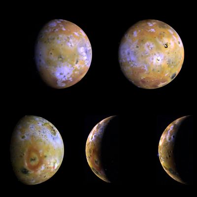 Io: five views of the one and the same
Five color views of Jupiter's moon Io, as seen by NASA's Galileo spacecraft camera, were taken between the 25th and the 29th of June, 1996 Universal Time. The color is a composite of the red, green, and violet filters of the on board imaging system with the brightness of the violet bandpass increased to provide better color discrimination. The full disk images were intended for color mapping of Io's surface and for comparison to Voyager images. Where images overlap several features can be seen to change in relative brightness, perhaps due to unusual light scattering behavior or active phenomena. The crescent images were intended primarily for color imaging of active volcanic plumes on the bright limb and these images showed that the Voyager-era Loki plumes were no longer active and revealed a new plume at Ra Patera. The smallest features which can be discerned in the 5 views range from 9 to 23 kilometers and provide our best look at Io since the 1979 Voyager flybys. Sub-spacecraft longitudes on Io (from upper left to lower right) are 69, 338, 264, 211, and 221 W. North is to the top.
Launched in October 1989, Galileo entered orbit around Jupiter on December 7, 1995. The spacecraft's mission is to conduct detailed studies of the giant planet, its largest moons and the Jovian magnetic environment.

Parole chiave: Jupiter Moons - Io