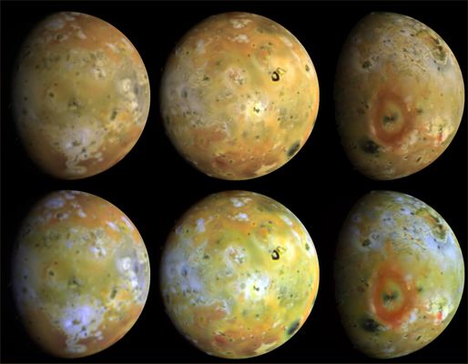Io: three views of the one and the same
Three views of the full disk of Jupiter's volcanic moon, Io, each shown in natural and enhanced color. These three views, taken by Galileo in late June 1996, show about 75 percent of Io's surface. North is up. The top disks are intended to show the satellite in natural color (but colors will vary with display devices) while the bottom disks show enhanced color (near-infrared-, green-, and violet-filtered images) to highlight details of the surface. These images reveal that some areas on Io are truly red, whereas much of the surface is yellow or light greenish. (Accurate natural color renditions were not possible from the Voyager images taken during the 1979 flybys because there was no coverage in the red.) The reddish materials may be associated with very recent fragmental volcanic deposits (pyroclastics) erupted in the form of volcanic plumes. Dark materials appear in flows and on caldera floors. Bright white materials correspond to sulfur dioxide frost, and bright yellow materials appear to be in new flows such as those surrounding Ra Patera. The red material may be unstable since the color appears to fade over time. This fading appears to occur most rapidly in the equatorial region and more slowly over the polar regions; surface temperature may control the rate of transformation. Comparisons of these images to those taken by the Voyager spacecraft 17 years ago have revealed that many changes have occurred on Io. Since that time, about a dozen areas at least as large as the state of Connecticut have been resurfaced. Io's diameter is 3632 km. 
Parole chiave: Jupiter Moons - Io