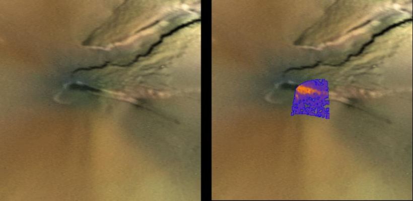 The "Pele" Volcano
Pele, one of Io's best-known volcanoes, was observed by the infrared spectrometer, an instrument onboard NASA's Galileo spacecraft, during the flyby of Jupiter's moon Io on February 22, 2000. The temperature map is shown here on the left in false color, superimposed on a visible color image of the Pele region obtained by the Voyager spacecraft in 1979. The red color represents the hottest lava flows. The purple colors are cooler materials. Preliminary results show that the temperatures of the hottest lava flows are at least 1,400 Kelvin (about 2,000 Fahrenheit), consistent with the temperatures of basaltic lava seen on the Kilauea volcano in Hawaii. It is possible that the eruption temperatures at Pele are even higher, as lava cools quickly once it starts to spread over the surface. The Voyager context image is 200 kilometers (124 miles) across.


Parole chiave: Jupiter's moons - Io