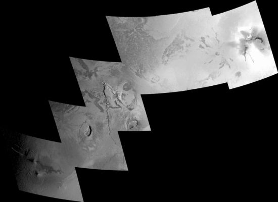 The "Zamama" flow field
The source area of what had been a towering volcanic plume two months earlier lies in the far-right frame of this mosaic of images taken of Jupiter's moon Io by NASA's Galileo spacecraft on Oct. 16, 2001.

The region in the images includes the Zamama lava flow in Jupiter's northern hemisphere. The Zamama flow field emanates from the northernmost of two small volcanoes in the far left frame. These lava flows were not present in Voyager images of Io, so they formed some time between the Voyager 1 flyby in 1979 and the first Galileo observations of Io in 1996. Galileo also observed Zamama during Io encounters in 1999, and scientists identified narrow, long, dark lava flows thought to be similar to lava flows in Hawaii.

Moving northeast, the second and third frames of this mosaic contain lava flow fields and several unnamed volcanic depressions, called "paterae." It is unclear whether the broad, shield-like features or plateaus on which the paterae rest were created by eruptions from the paterae, or if they were preexisting features. Some fractures and dark lines suggest that the crust here is breaking up, creating cracks that magma can use to rise to the surface.

The far-right frame of this mosaic shows dark lava flows and bright spots. The bright spots are probably sulfur-bearing plume deposits, which are thought to be associated with the source of a plume eruption 500 kilometers (310 miles) high that was observed by the Galileo spacecraft in August, 2001. It was the largest plume eruption ever observed on Io.


Parole chiave: Jupiter's moons - Io