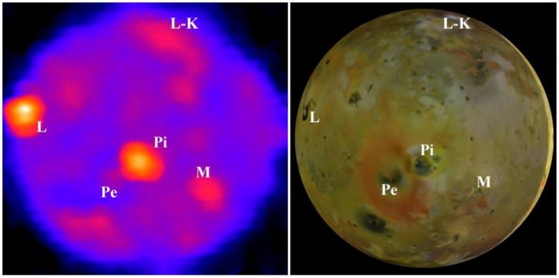 Hot-spots on Io (at night) - edited
Caption NASA originale:"The left-hand frame shows the best view that Galileo has yet provided of Io's nighttime temperatures. For reference, the right hand frame, based on Galileo camera images, shows the same hemisphere of Io in visible light. The thin bright crescent indicates the only observable portion illuminated by sunlight during the temperature measurements. Several volcanoes are identified on both images: "L-K" is Lei-Kung Fluctus, "L" is Loki, "Pi" is Pillan, "M" is Marduk and "Pe" is Pele".
Parole chiave: Jupiter's moons - Io