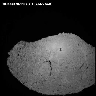 Hayabusa's "shadow"!
What's that unusual looking spot on asteroid Itokawa? It's the shadow of the robot spacecraft Hayabusa that took the image. Japan's Hayabusa Mission arrived at the asteroid in early September and has been imaging and maneuvering around the floating space mountain ever since. The above picture was taken earlier this month (November 2005). 
Asteroid Itokawa spans about 300 mt. 
One scientific goal of the Hayabusa mission is to determine out how much ice, rock and trace elements reside on the asteroid's surface, which should give indications about how asteroids and planets formed in the early Solar System. A can-sized robot MINERVA that was scheduled to hop around the asteroid's surface has not, so far, functioned as hoped. Later this month, Hayabusa is scheduled to descend to asteroid Itokawa and collect surface samples in a return capsule. In December, Hayabusa will fire its rockets toward Earth and drop the return capsule down to Earth's Australian outback in 2007 June.
Parole chiave: Asteroids: images from Space