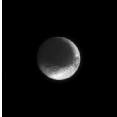 Japetus from Cassini-Huygens - approx. 3.000.000 Km away
Iapetus Data and Statistics 
Discovered by = Giovanni Domenico Cassini  
Date of discovery = 1671  
Mass (kg) = 1.88e+21  
Mass (Earth = 1) = 3.1459e-04  
Equatorial radius = 730 Km
Equatorial radius (Earth = 1) = 1.1446e-01  
Mean density (gm/cm^3) = 1.21  
Mean distance from Saturn = 3.561.300 Km
Rotational period (days) = 79.33018  
Orbital period (days) = 79,33018  
Mean orbital velocity (km/sec) = 3,27  
Orbital inclination (degrees) = 14,72°
Escape velocity (km/sec) = 0,586  
Visual geometric albedo = 0,2  
Magnitude (Vo) = 10,2-11,9 
Parole chiave: Saturn's Moons - Japetus
