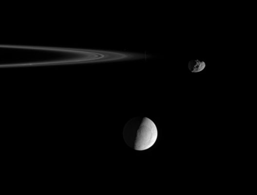 Janus and Enceladus
Caption originale:"Wrinkled and cracked Enceladus hangs in the distance as the pitted ring moon Janus, at right, rounds the outer edge of the F-Ring. Enceladus is remarkable for its actively venting South Polar Region, while Janus is known for its orbital swap with the moon Epimetheus. The bright core of the F-Ring is perhaps 50 Km wide and contains numerous clumps and kinks. 
Dimmer, flanking ringlets on either side of the core wind into a tight spiral structure, discovered in Cassini images. 

The image was taken in visible light with the Cassini spacecraft narrow-angle camera on May 21, 2006, at a distance of approx. 565.000 Km (such as about 351.000 miles) from Janus; 702.000 Km (about 436.000 miles) from Enceladus and 530.000 Km (approx. 329.000 miles) from Saturn. 
Image scale is roughly 3 Km (about 2 miles) per pixel on Janus and approx. 4 Km (a little more than 2 miles) per pixel on Enceladus".
Parole chiave: Saturn's Moons - Janus and Enceladus