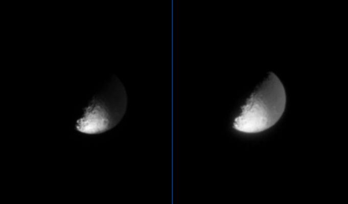 Two-faced Japetus
Caption NASA originale:"The dark material that coats one hemisphere of Saturn's moon Iapetus is very dark, as these two processed views of the same frame can demonstrate. 
The image on the left has been cleaned of cosmic rays and magnified; in this otherwise un-enhanced view, only a small part of the moon's surface, at the bottom, is visible because it is part of the bright side of Iapetus. (Only the right hand side of Iapetus is illuminated by sunlight.) The same image, shown on the right, has been contrast-enhanced to make visible the part of the illuminated side of Iapetus that is coated with dark material". 
Parole chiave: Saturn's Moons - Japetus