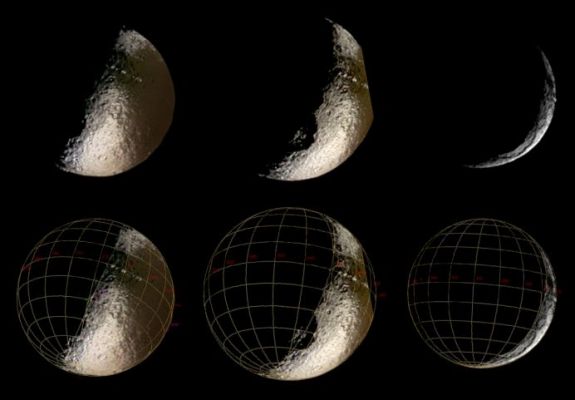 Sharp views of Japetus
In sequenza, alcune delle migliori immagini di Giapeto ottenute da Cassini e superiori, per qualitÃ  e dettaglio, a quelle ottenute dalla Sonda Voyager 2 qualche anno fa. Le immagini a colori visibili sulla Sn dell'Osservatore ed al centro sono state ottenute usando (e combinando) i filtri per l'ultravioletto (a 338 Nnmts), il verde (a 568 Nnmts) e l'infrarosso (a 930 Nnmts); l'immagine a Dx Ã¨ stata ottenuta riprendendo nel cosiddetto "spettro visibile". Le immagini sono state riprese da una distanza oscillante fra gli 1,1 e gli 1,3 MKMs; Giapeto si caratterizza sia per il gigantesco cratere da impatto visibile nell'emisfero sud (400 Km di diametro), sia per alcune notevoli differenze di albedo fra diverse zone della sua superficie (il che ci fa supporre che esistano aree ricoperte, probabilmente, da vasti depositi di polveri - che sono causa di una bassa riflessione della luce ergo di una bassa albedo - ed altre aree che, forse, sono costituite da rocce o addirittura da depositi di ghiaccio).
Parole chiave: Saturn's Moons - Japetus