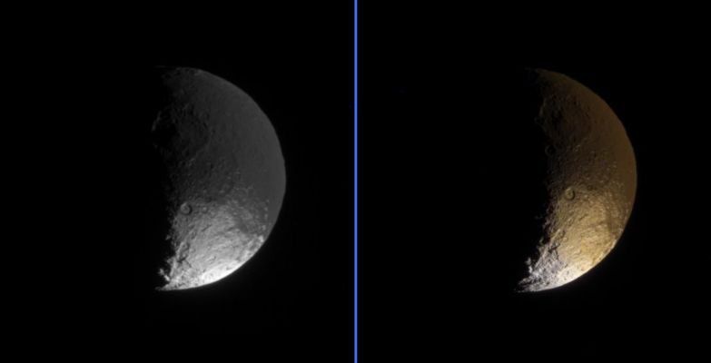 The unusual colors of Japetus
These two views of Iapetus primarily show terrain in the Southern part of the moon's dark Leading Hemisphere - the side of Iapetus that is coated with dark material. The bright South Pole of Iapetus is visible, along with some terrain (at the bottom) that lies on the bright Trailing Hemisphere. 
The dark terrain known as Cassini Regio is uniformly dark between the equator and about 30° South Lat. From there down to about 50 to 60° South Lat., the dark material looks "patchy" because south-facing crater walls are bright (being largely devoid of the dark material). South of this Region, only some northward-facing crater walls are still dark, while the bright terrain has a somewhat reddish color. 
Beyond 90° South, the reddish color becomes white. The Region at the bottom of the color view presented here shows this "color boundary" in the bright terrain, which also marks the boundary between the Leading and Trailing Hemispheres. 

The monochrome image on the left was taken using a filter sensitive to wavelengths of infrared light centered at 930 nanometers. The image was obtained with the Cassini spacecraft narrow-angle camera on April 8, 2006, at a distance of approximately 866,000 kilometers (538,000 miles) from Iapetus and at a Sun-Iapetus-spacecraft, or phase, angle of 88 degrees. The image scale is 5 kilometers (3 miles) per pixel. 

The color view on the right was created by combining images taken in ultraviolet, green and infrared spectral filters. The images were acquired with the Cassini spacecraft narrow-angle camera on April 9, 2006, at a distance of approximately 692,000 kilometers (430,000 miles) from Iapetus and at a Sun-Iapetus-spacecraft, or phase, angle of 101 degrees. The image scale is 4 kilometers (2.5 miles) per pixel. 

Parole chiave: Saturn's Moons - Japetus