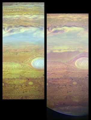 Storm Spectra
These images, taken with the LEISA infrared camera on the New Horizons Ralph instrument, show fine details in Jupiter's turbulent atmosphere using light that can only be seen using infrared sensors. These are "false color" pictures made by assigning infrared wavelengths to the colors red, green and blue. LEISA (Linear Etalon Imaging Spectral Array) takes images across 250 IR wavelengths in the range from 1.25 to 2.5 microns, allowing scientists to obtain an infrared spectrum at every location on Jupiter. A micron is one millionth of a meter. 

These pictures were taken at 05:58 UT on February 27, 2007, from a distance of 2.9 million kilometers (1.6 million miles). They are centered at 8 degrees south, 32 degrees east in Jupiter "System III" coordinates. The large oval-shaped feature is the well-known Great Red Spot. The resolution of each pixel in these images is about 175 kilometers (110 miles); Jupiter's diameter is approximately 145,000 kilometers (97,000 miles). 

The image on the left is an altitude map made by assigning the color red to 1.60 microns, green to 1.89 microns and blue to 2.04 microns. Because Jupiter's atmosphere absorbs light strongly at 2.04 microns, only clouds at very high altitude will reflect light at this wavelength. Light at 1.89 microns can go deeper in the atmosphere and light at 1.6 microns can go deeper still. In this map, bluish colors indicate high clouds and reddish colors indicate lower clouds. This picture shows, for example, that the Great Red Spot extends far up into the atmosphere.

In the image at right, red equals 1.28 microns, green equals 1.30 microns and blue equals 1.36 microns, a range of wavelengths that similarly probes different altitudes in the atmosphere. This choice of wavelengths highlights Jupiter's high-altitude south polar hood of haze. The edge of Jupiter's disk at the bottom of the panel appears slightly non-circular because the left-hand portion is the true edge of the disk, while the right portion is defined by the day/night boundary (known as the terminator).

These two images illustrate only a small fraction of the information contained in a single LEISA scan, highlighting just one aspect of the power of infrared spectra for atmospheric studies.


Parole chiave: Jupiter from Space