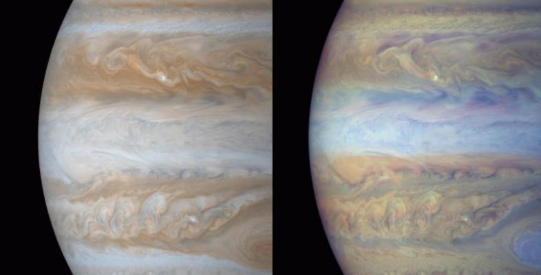 Real Colors and False Colors of Jupiter
Caption NASA originale:"These color composite frames of the mid-section of Jupiter were of narrow angle images acquired on December 31, 2000, a day after Cassini's closest approach to the planet. The smallest features in these frames are roughly ~ 60 kilometers. The left is natural color, composited to yield the color that Jupiter would have if seen by the naked eye. The right frame is composed of 3 images: two were taken through narrow band filters centered on regions of the spectrum where the gaseous methane in Jupiter's atmosphere absorbs light, and the third was taken in a red continuum region of the spectrum, where Jupiter has no absorptions". 
Parole chiave: Jupiter