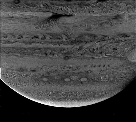 Jupiter's clouds - 619 nnmts filter
The images shown here demonstrate the power of these filters in studies of cloud stratigraphy. The images cover latitudes from about 15° North at the top down to the Southern Polar Region at the bottom. (...)

The most prominent feature seen in all 3 filters is the Polar Stratospheric Haze that makes Jupiter bright near the Pole. The equatorial band is also very bright in the strong 890-nnmts image and to a lesser extent in the 727 band, but is subdued in the weak 619-nnmts image. These are high, thin, haze layers that are nearly transparent at wavelengths outside the methane absorption bands. 
Another prominent feature is the Great Red Spot: about a third of it appears at the right-hand edge of the frame. 
It is a bright feature in methane absorption because it has extensive cloud cover reaching to high altitude. 
A wisp of high thin cloud can be seen trailing off its western rim in the 2nd and 3rd image.
Parole chiave: Jupiter