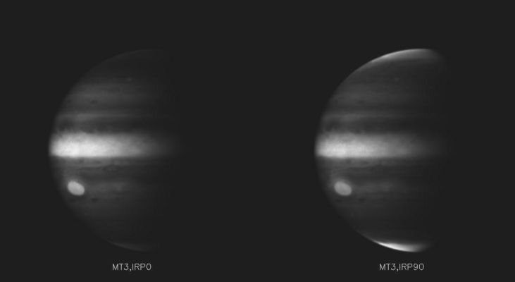 The "Heat" of Jupiter
Original caption:"These images taken through the wide angle camera near closest approach in the deep near-infrared methane band, combined with filters which sense electromagnetic radiation of orthogonal polarization, show that the light from the Poles of Jupiter is "polarized". 
That is, the Poles appear bright in one image, and dark in the other. Polarized light is most readily scattered by aerosols. These images indicate that the aerosol particles at Jupiter's Poles are small and likely consist of aggregates of even smaller particles, whereas the particles at the Equator and covering the Great Red Spot are larger. 
Images like these will allow scientists to ascertain the distribution, size and shape of aerosols, and consequently, the distribution of heat, in Jupiter's atmosphere".
Parole chiave: Jupiter