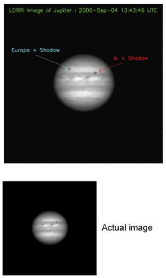 Jupiter, from New Horizons
Blazing along its path to Pluto, NASA's New Horizons has come within hailing distance of Jupiter. The first picture of the Giant Planet from the spacecraft's Long Range Reconnaissance Imager (LORRI), taken Sept. 4, 2006, is a tantalizing promise of what's to come when New Horizons flies through the Jupiter system early next year.
New Horizons was still 291 MKM (nearly 181 MMs) away from Jupiter when LORRI took the photo. 
As New Horizons comes much closer, next January and February 2007, LORRI will take more-detailed images. 

"These first LORRI images of Jupiter are awe-inspiring," says New Horizons Project Scientist Hal Weaver, of the Johns Hopkins University Applied Physics Laboratory (APL), where LORRI was designed and built. "New Horizons is speeding toward this majestic planet at 45,000 miles per hour, right on target for a close encounter on February 28 of next year. LORRI's resolution at Jupiter will be 125 times better than now, and we're really looking forward to getting the most detailed views of the Jovian system since Cassini's flyby in late 2000 and Galileo's final images in 2003."
 
Now on the outskirts of the asteroid belt, LORRI snapped this image during a test sequence to help prepare for the Jupiter encounter observations. It was taken close to solar opposition, meaning that the Sun was almost directly behind the camera when it spied Jupiter. This makes Jupiter appear blindingly bright, about 40 times brighter than Pluto will be for LORRI's primary observations when New Horizons encounters the Pluto system in 2015. To avoid saturation, the camera's exposure time was kept to 6 milliseconds. This image was, in part, a test to see how well LORRI would operate with such a short exposure time. 
 
"LORRI's first Jupiter image is all we could have expected," says LORRI Principal Investigator Andy Cheng, of APL. "We see belts, zones and large storms in Jupiter's atmosphere. We see the Jovian moons Io and Europa, as well as the shadows they cast on Jupiter. It is most gratifying to detect these moons against the glare from Jupiter."

LORRI wasn't the only New Horizons instrument peeking at Jupiter on Sept. 4; the Ralph imager also performed some important calibrations. "We rapidly scanned Ralph's Multispectral Visible Imaging Camera [MVIC] across Jupiter to test a technique we plan to employ near closest approach next February. We also observed Jupiter in the infrared using Ralph's Linear Etalon Imaging Spectral Array [LEISA]," says Ralph Program Manager Cathy Olkin, of the Southwest Research Institute. "Everything worked great."

New Horizons won't observe Jupiter again until early January 2007, when periodic monitoring will begin, followed by intensive observations at the end of February. The spacecraft will also continue to look at the Jovian magnetosphere for several months after closest approach. 

"New Horizons is headed to a spectacular science encounter with the Jupiter system early next year," says mission Principal Investigator Alan Stern, of the Southwest Research Institute. "The first LORRI images of Jupiter just whet our appetite for the observations to come."

Parole chiave: Jupiter from Space