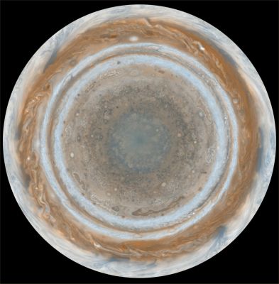 The North Pole of Jupiter
The South Polar Regions shown here are less clearly visible because Cassini viewed them at an angle and through thicker atmospheric haze. 

The round maps are polar stereographic projections that show the North or South Pole in the center of the map and the Equator at the edge.
Parole chiave: Maps