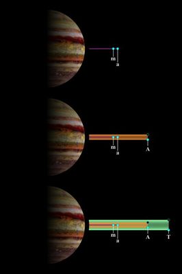 The Rings of Jupiter (2)
Scientists studying data from Galileo spacecraft have found that the Ring System is made up of impact debris created when meteoroids, which are fragments of comets and asteroids, slam into Jupiter`s four smallest satellites. The top panel shows that the Main Ring (red) is formed mostly from meteoroid impact debris kicked up from the innermost moons, Metis (m) and Adrastea (a). Since both satellites orbit in paths not inclined to Jupiter's equator, the Main Ring appears as a narrow line. The middle panel shows the additional effect of dust ejected from the satellite Amalthea (A), responsible for producing 1 of the 2 moon components of the Gossamer Ring. Amalthea's orbit is inclined to Jupiter's equatorial plane and at different times the satellite's vertical position can range anywhere between the 2 extreme limits shown. Dust ejected from Amalthea (orange) produces a ring whose thickness equals Amalthea's vertical projections beyond Jupiter's equatorial plane. The lower panel shows the additional effect of dust ejected from Thebe (T), which makes up the second component (shown in green) of the gossamer ring. Again, the two positions shown represent the maximum projections of Thebe from Jupiter's equatorial plane. This component of the gossamer ring is thicker than the component due to Amaltheas dust because Thebe's orbit is more inclined than that of Amalthea.


Parole chiave: Jupiter Rings