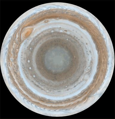 The South Pole of Jupiter
The South Polar Regions shown here are less clearly visible because Cassini viewed them at an angle and through thicker atmospheric haze. 

The round maps are polar stereographic projections that show the North or South Pole in the center of the map and the Equator at the edge. 


Parole chiave: Maps