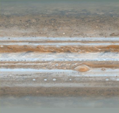 Super-detailed Jupiter's Map (1)
This map is part of a group release of cylindrical and polar stereographic projections of Jupiter. 
This color map of Jupiter were constructed from images taken by the narrow-angle camera onboard NASA's Cassini spacecraft on Dec. 11 and 12, 2000, as the spacecraft neared Jupiter during its flyby of the giant planet. Cassini was on its way to Saturn. They are the most detailed global color maps of Jupiter ever produced. The smallest visible features are about 120 Km (approx. 75 miles) across. 

The maps are composed of 36 images: a pair of images covering Jupiter's Northern and Southern Hemispheres was acquired in two colors every hour for nine hours as Jupiter rotated beneath the spacecraft. Although the raw images are in just two colors, 750 nanometers (near-infrared) and 451 nanometers (blue), the map's colors are close to those the human eye would see when gazing at Jupiter.
Parole chiave: Maps