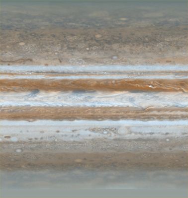 Super-detailed Jupiter's Map (2)
The map shows a variety of colorful cloud features, including parallel reddish-brown and white bands, the Great Red Spot - frame 1), multi-lobed chaotic regions, white ovals and many small vortices. Many clouds appear in streaks and waves due to continual stretching and folding by Jupiter's winds and turbulence. The bluish-gray features along the north edge of the central bright band are equatorial "hot spots" meteorological systems such as the one entered by NASA's Galileo probe. Small bright spots within the orange band north of the Equator are lightning-bearing thunderstorms. The Polar Regions are less clearly visible because Cassini viewed them at an angle and through thicker atmospheric haze.

Pixels in the rectangular map cover equal increments of planetocentric latitude (which is measured relative to the center of the Planet) and longitude, extending to 180° of latitude and 360° of longitude. 
Parole chiave: Maps