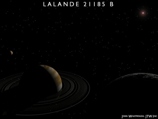 Lalande 21185 and a possible extra-solar system
The closest extrasolar planetary system could be made by the planets of the dim red dwarf star known as Lalande 21185: only 8 LY distant! This star is too faint to be seen by the naked eye and its planets have never been imaged directly but their presence is inferred by a long series of telescopic observations, tracking the star as it wiggles and wobbles in mutual gravitational response to the masses of its orbiting planets. University of Pitsburgh astronomer George Gatewood recently announced that much of Lalande 21185's wobble is most likely due to an unseen planet with approximately 90% of the mass of Jupiter and an orbital period of 5.8 years. His work also indicates that a second and possibly third planet of similar mass could well be present in the system. 
Parole chiave: Artistic views of the Universe