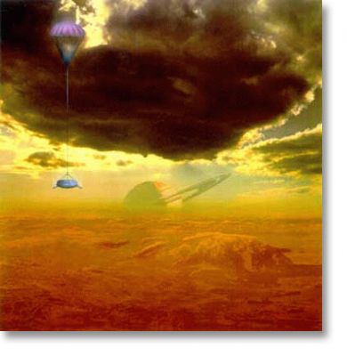 Landing on Titan (2)
The Huygens probe descends through Titan's murky, brownish-orange atmosphere of nitrogen and carbon-based molecules, beaming its findings to the distant Cassini orbiter. The probe is equipped with a variety of scientific sensors to measure the physical properties of the moon's atmosphere; it also carries an imaging device to return pictures of Titan's possibly hydrocarbon-lake-dotted surface. 
Parole chiave: Artistic views of the Solar System - Titan