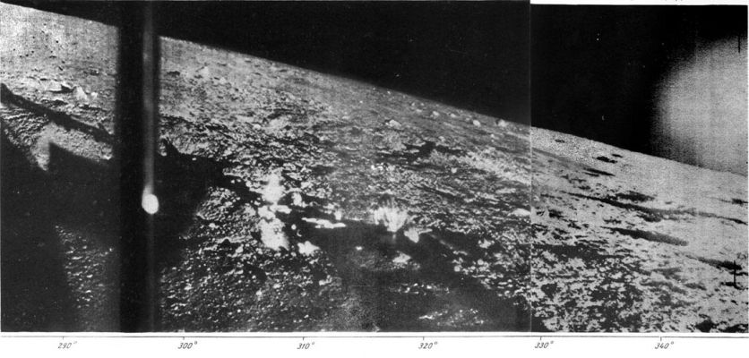 Oceanus Procellarum
The Luna 13 spacecraft was launched toward the Moon from an earth-orbiting platform and accomplished a soft landing on December 24, 1966, in the Region of Oceanus Procellarum. The petal encasement of the spacecraft was opened, antennas were erected, and radio transmissions to Earth began 4 minutes after the landing. On December 25 and 26, 1966, the spacecraft television system transmitted panoramas of the nearby Lunar Landscape at different Sun angles and each panorama required approx. 100' to transmit. The spacecraft was equipped with a mechanical soil-measuring penetrometer, a dynamograph and a radiation densitometer for obtaining data on the mechanical/physical properties of the Lunar Surface as well as of and the cosmic-ray reflectivity. 
Luna 13 transmitted 5 cycloramas over a period of 5/6 days. 
It is believed that transmissions from the spacecraft ceased before the end of December 1966.
Parole chiave: Moon Panorama - Oceanus Procellarum