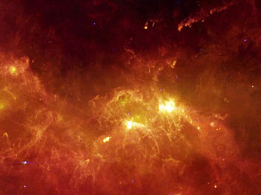 M 42 - In Memory Of IRAS (infrared vision)
Caption NASA originale:"Do you recognize the constellation Orion? This striking but unfamiliar looking picture of the familiar Orion region of the sky was produced using survey data from the now-defunct InfraRed Astronomical Satellite (IRAS). The above image combines information recorded at three different invisible infrared wavelengths and covers about 30x24° on the sky. Most of Orion's visually impressive stars don't stand out, but bright Betelgeuse does appear as a small bright purplish dot on the lower left. The bright region on the right contains the Great Nebula in Orion, while the bright region just above the image bottom is the Rosette Nebula. Surrounding these regions are a jumble of chaotic glowing gas and dark dust jettisoned by stars forming and exploding over millions of years".
Parole chiave: From Space Images