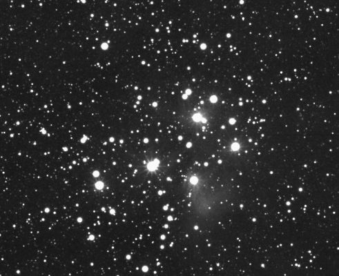 M 45 - The "Seven Sisters", from Cassini
Caption NASA originale:"The stars of the Pleiades cluster, also known by the names "M 45" and "The Seven Sisters," shine brightly in this view from the Cassini spacecraft. The cluster is comprised of hundreds of stars, a few of which are visible to the unaided eye on Earth as a brilliant grouping in the constellation Taurus. 
Some faint nebulous material is seen here. This reflection nebula is dust that reflects the light of the hot, blue stars in the cluster. 

The monochrome view was made by combining 49 clear filter images of the Pleiades taken with the Cassini spacecraft wide-angle camera on Aug. 1, 2006. The images were taken as a part of a sequence designed to help calibrate the camera electronics".
Parole chiave: From Space Images - Cassini