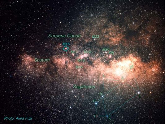 M 16 and the "Sagittarius Region"
"...Dimmi dove stiamo andando, Amico mio: sono vecchio ed i miei occhi mi ingannano.
Pensa, sto guardando il Cielo, l'Immenso Cielo sotto al quale stiamo camminando da più di 100 giorni e 100 notti, ed ancora non riconosco le Prime Stelle..."

"Cosa sono le 'Prime Stelle', Vecchio?!?..."

"...Sono le Stelle che vedrei se camminassi sotto lo stesso Cielo che mi vide nascere, qualche miliardo di secoli fa. 
Tu non puoi ricordarlo..."

P.C. Floegers - "Conversations"
Parole chiave: From Earth Images