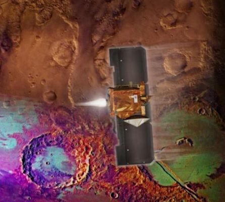 Mars Odyssey
Da "NASA - Picture of the Day" del 25.10.2001:"After an interplanetary journey lasting 200 days, the Mars Odyssey spacecraft has entered orbit around the Red Planet on October, 25, 2001. This success is welcome as in the past Mars has often seemed a difficult planet to visit. Beginning with the first Soviet attempts in 1960, around 30 missions have tried while only 10 or so have gone without serious mishap (...) Cautiously dipping into the Martian atmosphere, the spacecraft will gradually adjust its present wide and elliptical 20-hour orbit to a circular 2-hour orbit only 400 Km above the planet's surface. Then, its instruments and cameras will focus on exploring the climate and geologic history of Mars, including the search for water and evidence of life-sustaining environments. In the artist's conception above, the spacecraft with wing-like solar panels is imagined firing its rocket engine for Mars orbit insertion over terrain seen in natural and false-color".
Parole chiave: Artistic views of the Solar System - Mars