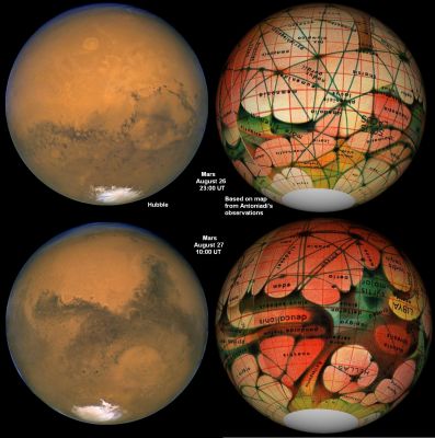 Mars: Yesterday and Today
Does Mars have canals? A hot debate topic of the late 1800s, several prominent astronomers including Percival Lowell not only claimed to see an extensive system of long straight canals on Mars, but used them to indicate that intelligent life exists there. The relatively close opposition of 1894 was used to make drawings like the one digitally re-scaled on the above left. The above map was originally prepared by Eugene Antoniadi and redrawn by Lowell Hess for the book Exploring Mars, by Roy A. Gallant. In more modern times, the latest Mars opposition has allowed the Hubble Space Telescope to capture a picture of similar orientation. Comparison of the two images shows that large features were impressively recorded, but that an extensive system of long and straight canals just does not exist. Satellites orbiting Mars have now shown conclusively that the red planet does indeed have surface features similar to canals, but that these are usually smaller, curved, and less extensive than that previously claimed. Real canyon systems like Noctis Labyrinthus are most likely cracks caused by surface stress. 

Parole chiave: Mars Yesterday and Today