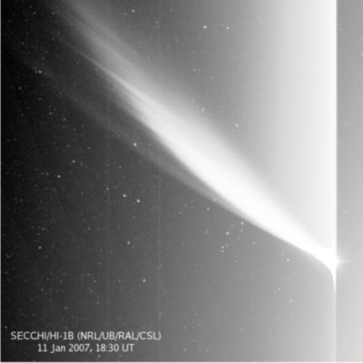 Comet McNaught (5)
Caption NASA:"The brightest comet of recent decades was a surprising first sight for a new camera in space. 
The Sun Earth Connection Coronal and Heliospheric Investigation (SECCHI) instrument onboard the Solar TErrestrial RElations Observatory (STEREO) satellite had just opened up on January 11, 2007, when it snapped the above image of Comet McNaught. Visible was a spectacular view of the ion tail of Comet McNaught being swept away from the Sun by the solar wind in filamentary rays. The comet tail is seen to extend at least seven degrees across the above image, while the central coma is so bright it saturates. Comet McNaught is now reportedly so bright that it is visible even in broad daylight by blocking out the Sun with your hand. 
Comet McNaught has rounded the Sun and will slowly fade away for observers in Earth's Southern Hemisphere as it recedes from the Sun".
Parole chiave: Comet McNaught