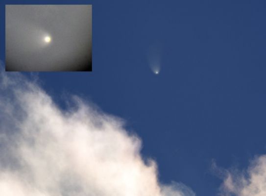 Comet McNaught (8)
Caption NASA:"Comets grow bright when they're close to the Sun, basking in the intense solar radiation. Of course, they're also usually impossible to see against the overwhelming scattered Sunlight. But surprising Comet McNaught - whose January 12, 2007, closest approach to the Sun (perihelion passage) was well inside the orbit of Mercury - gave an enjoyable performance in bright blue daytime skies. In fact, comet expert David Levy captured this remarkable inset (upper left) telescopic view of McNaught within an hour of perihelion, with the comet in broad daylight only about 7° away from the Sun's position. 
Stefan Seip's wider daytime view of the comet and fluffy clouds was recorded approximately a day later. Seip used a polarizing filter and a telescope/camera set up near Stuttgart, Germany. 
No longer visible in broad daylight, Comet McNaught is now touring twilight Southern Skies".
Parole chiave: Comet McNaught